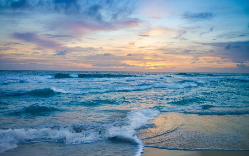 Ocean Waves at Sunset — Blue, Serene, Photograph, Sky, Clouds, Sand