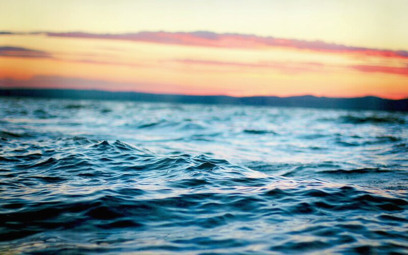 Ocean Waves at Sunset — Blue, Serene, Photograph, Sky, Mountains