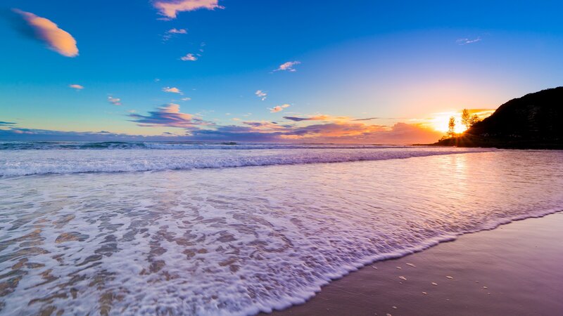 Ocean Waves at Sunset — Blue, Serene, Photograph, Sun, Clouds, Beach