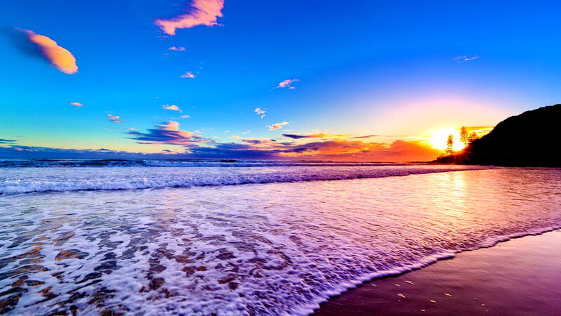 Ocean Waves at Sunset — Blue, Serene, Photograph, Sun, Clouds, Beach, Trees