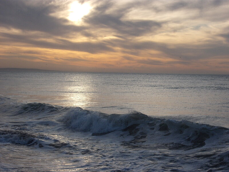 Ocean Waves at Sunset — Blue, Serene, Photograph, Sun, Clouds, Birds