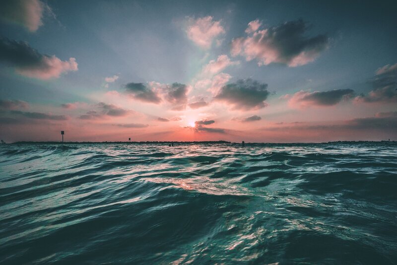 Ocean Waves at Sunset — Blue, Serene, Photograph, Sun, Clouds, Horizon