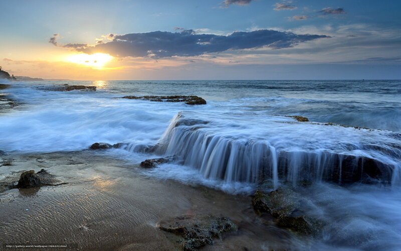 Ocean Waves at Sunset — Blue, Serene, Photograph, Sun, Clouds, Rocks, Sand