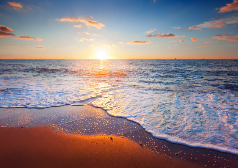 Ocean Waves at Sunset — Blue, Serene, Photograph, Sun, Clouds, Sand