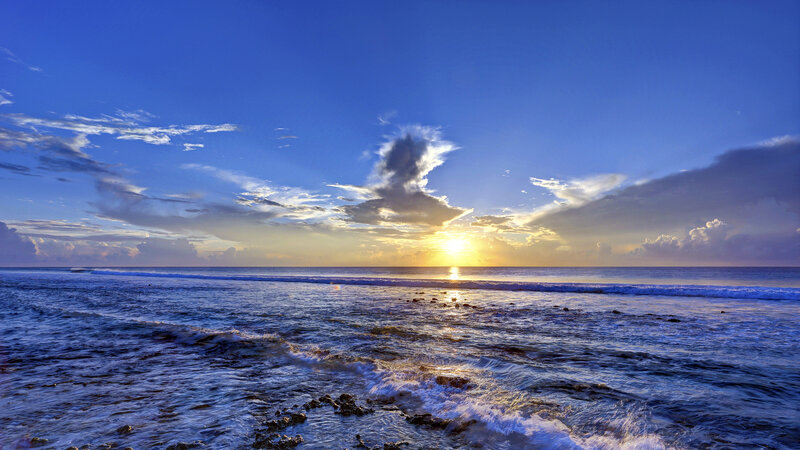 Ocean Waves at Sunset — Blue, Serene, Photograph, Sun, Clouds, Sea