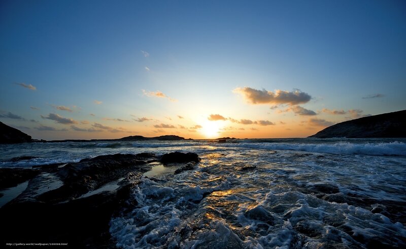 Ocean Waves at Sunset — Blue, Serene, Photograph, Sun, Clouds