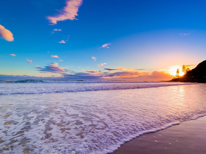 Ocean Waves at Sunset — Blue, Serene, Photograph, Sun, Clouds, Trees