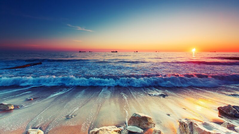 Ocean Waves at Sunset — Blue, Serene, Photograph, Sun, Ships