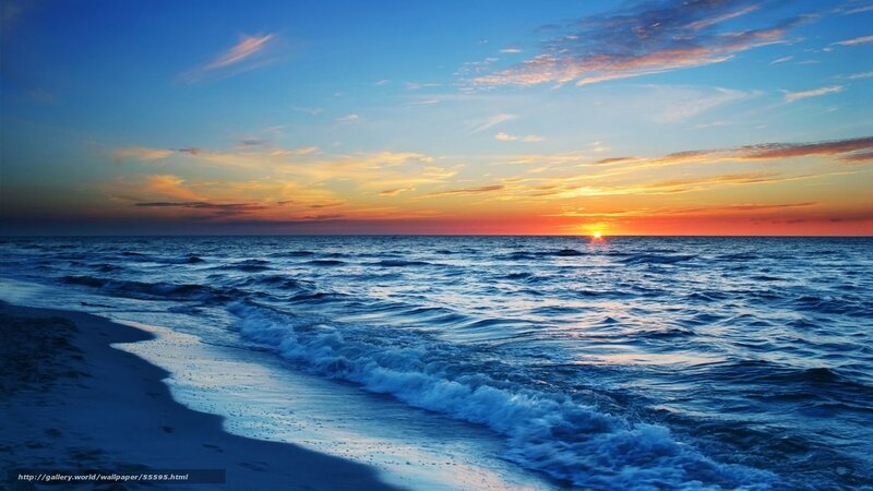 Ocean Waves at Sunset — Blue, Serene, Photograph, Sun, Sky, Beach