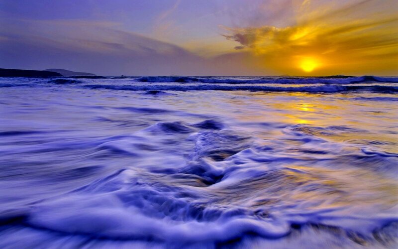 Ocean Waves at Sunset — Blue, Serene, Photograph, Sun, Sky, Clouds, Shore