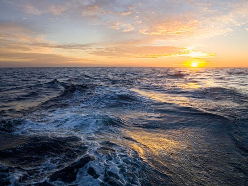 Ocean Waves at Sunset — Blue, Serene, Photograph, Sun, Sky, Clouds