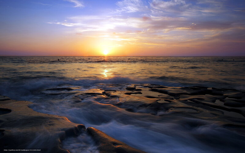 Ocean Waves at Sunset — Blue, Serene, Photograph, Sun, Sky, Rocks