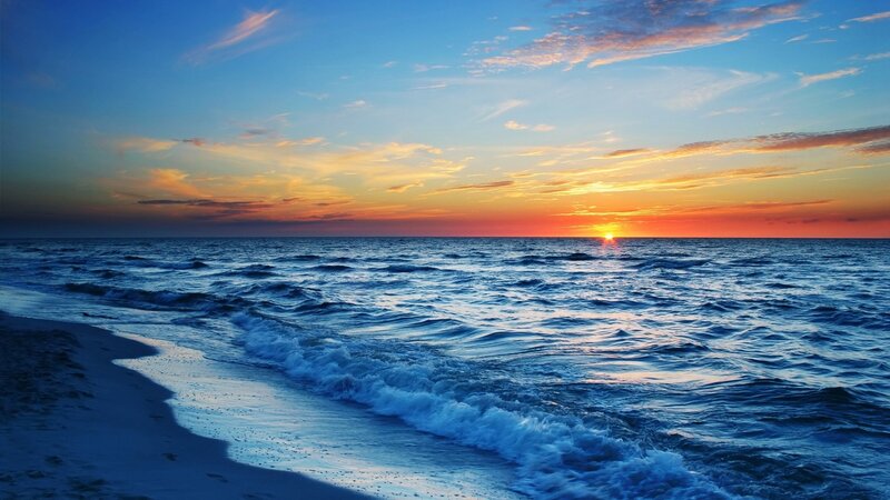 Ocean Waves at Sunset — Blue, Serene, Photograph, Sun, Sky, Sand