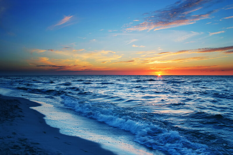 Ocean Waves at Sunset — Blue, Serene, Photograph, Sun