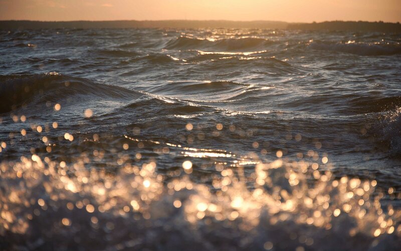 Ocean Waves at Sunset — Blue, Serene, Photograph, Sunlight, Sky