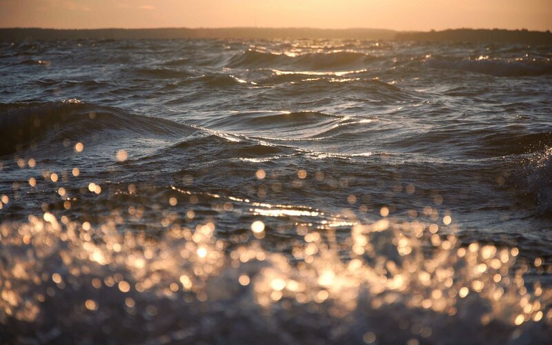 Ocean Waves at Sunset — Blue, Serene, Photograph, Sunlight