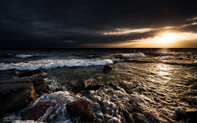 Ocean Waves at Sunset — Dark Blue, Dramatic, Photograph, Rocks, Clouds