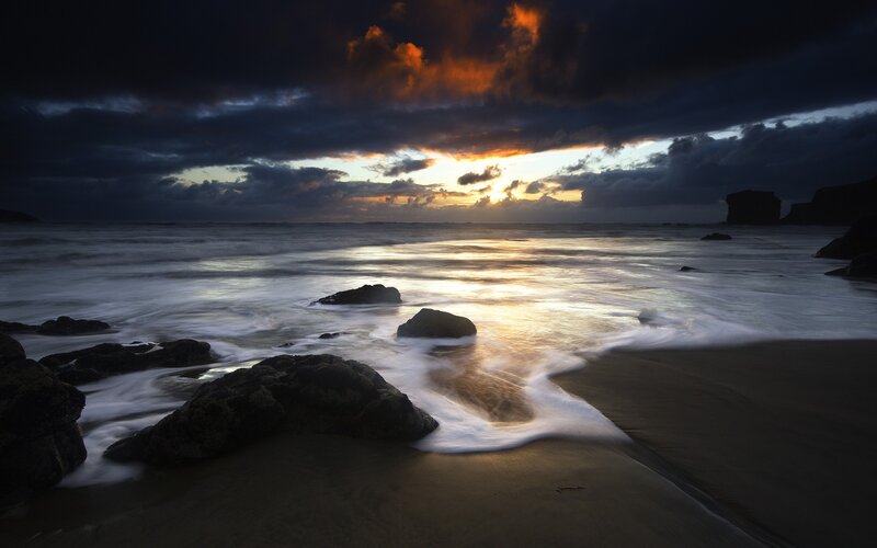 Ocean Waves at Sunset — Dark Blue, Dramatic, Photograph, Rocks