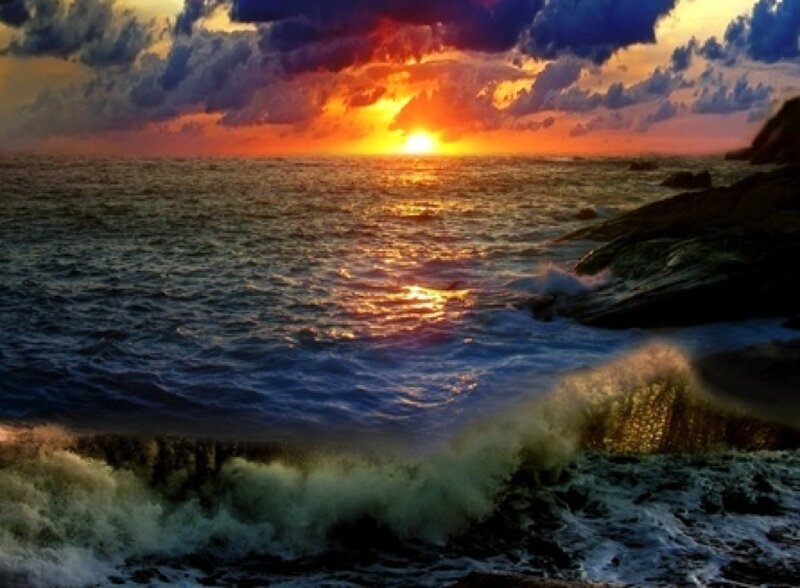 Ocean Waves at Sunset — Dramatic, Black