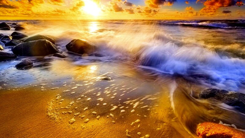 Ocean Waves at Sunset — Gold, Dramatic, Photograph, Rocks