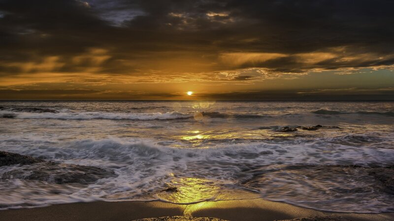 Ocean Waves at Sunset — Gold, Dramatic, Photograph, Sun, Clouds, Sand