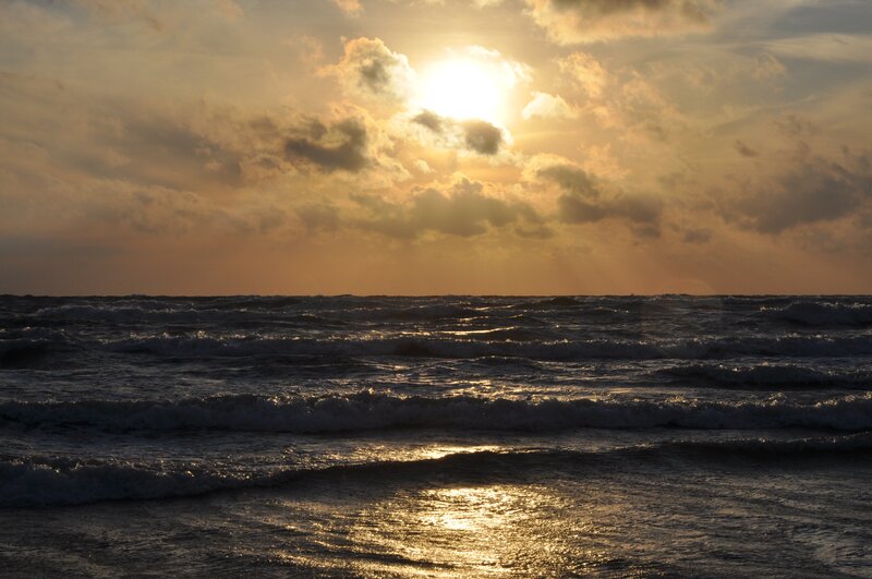 Ocean Waves at Sunset — Gold, Dramatic, Photograph, Sun, Clouds, Sea