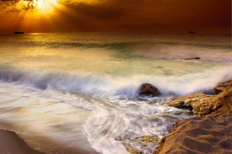 Ocean Waves at Sunset — Gold, Dramatic, Photograph, Sunlight, Ships