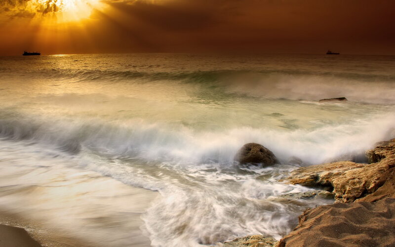 Ocean Waves at Sunset — Gold, Dramatic, Photograph, Sunlight