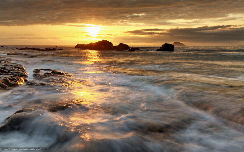 Ocean Waves at Sunset — Gold, Serene, Photograph, Rocks