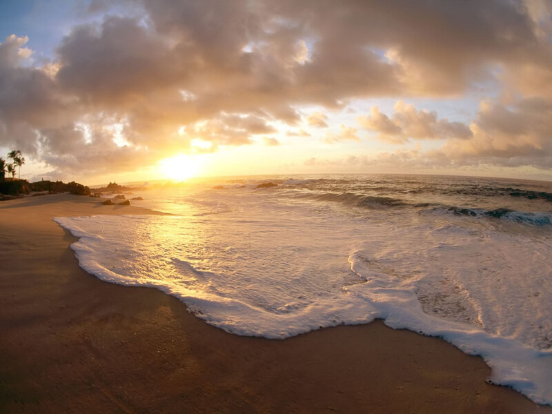 Ocean Waves at Sunset — Gold, Serene, Photograph, Sand, Clouds