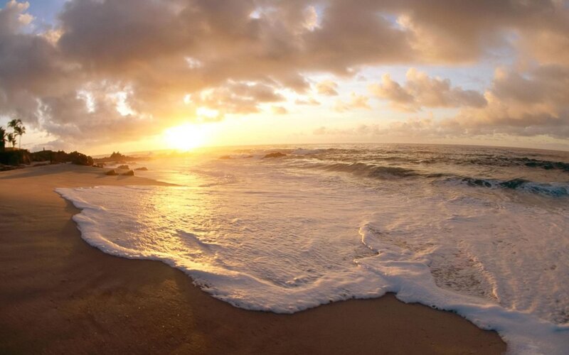 Ocean Waves at Sunset — Gold, Serene, Photograph, Sand