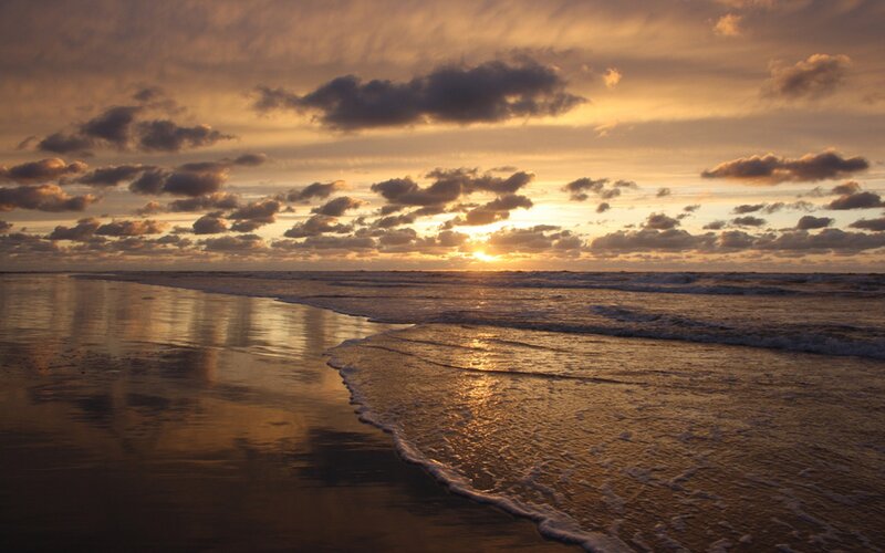 Ocean Waves at Sunset — Gold, Serene, Photograph, Sky