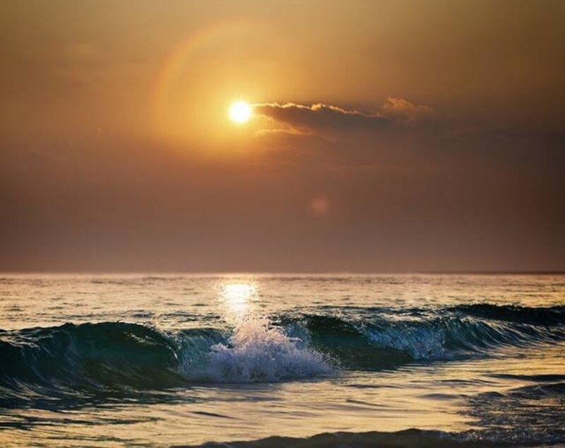 Ocean Waves at Sunset — Gold, Serene, Photograph, Sun, Clouds