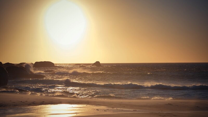 Ocean Waves at Sunset — Gold, Serene, Photograph, Sun, Rocks