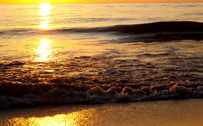Ocean Waves at Sunset — Gold, Serene, Photograph, Sun, Sand