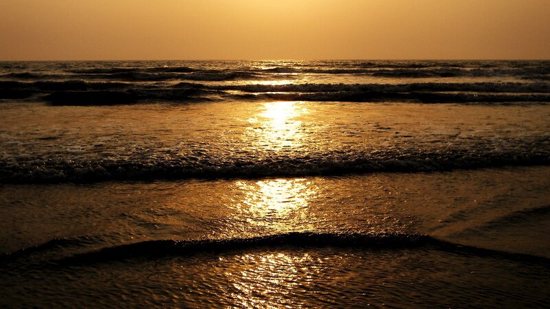 Ocean Waves at Sunset — Gold, Serene, Photograph, Sun, Sky, Beach, Brown