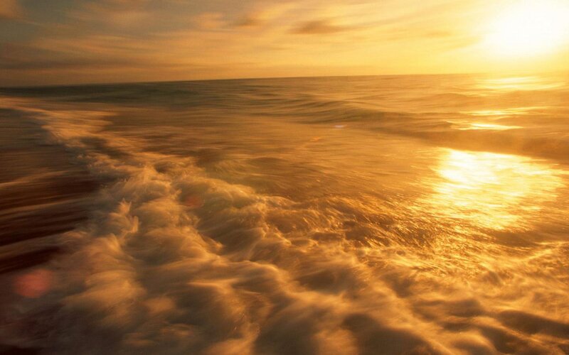 Ocean Waves at Sunset — Gold, Serene, Photograph, Sun, Sky