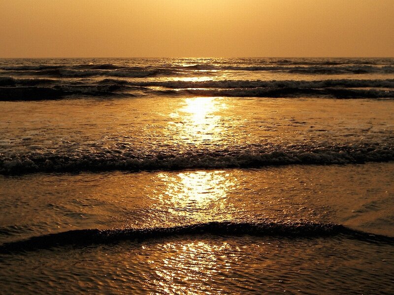 Ocean Waves at Sunset — Gold, Serene, Photograph, Sun