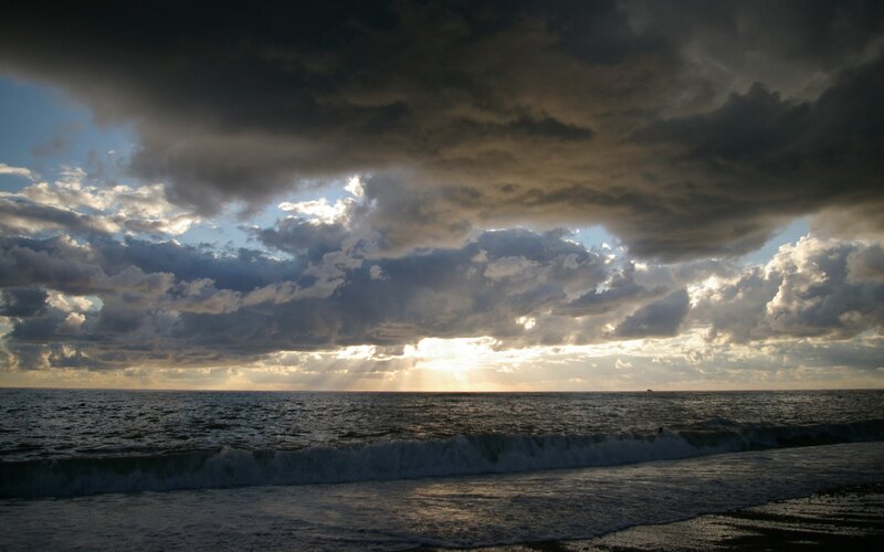 Ocean Waves at Sunset — Gray, Dramatic, Photograph, Clouds, Sunlight