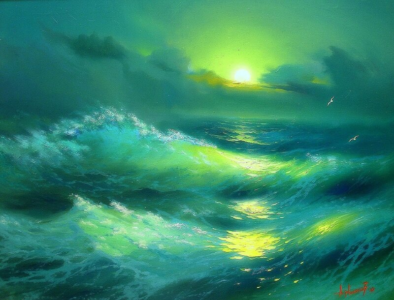 Ocean Waves at Sunset — Green, Dramatic, Painting, Sun, Clouds