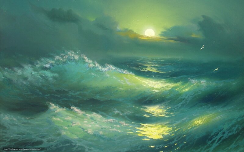 Ocean Waves at Sunset — Green, Dramatic, Painting, Sun, Seagulls