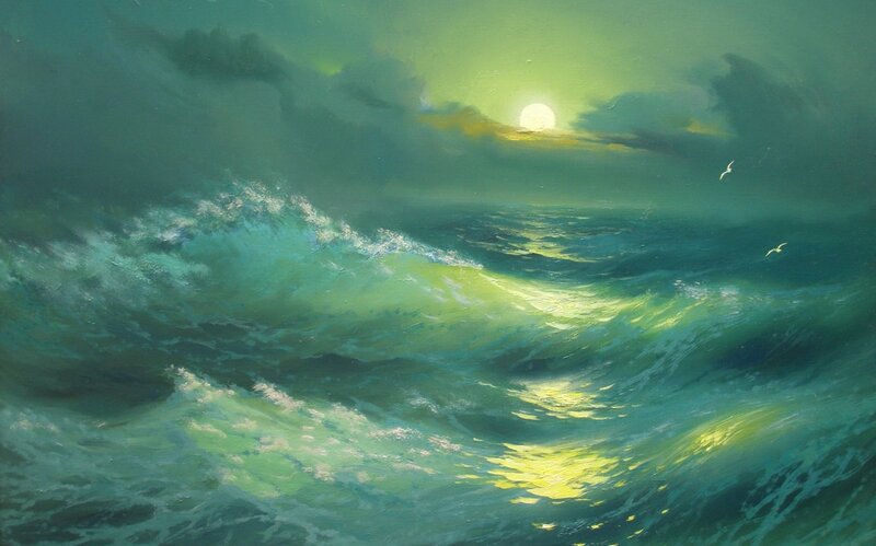 Ocean Waves at Sunset — Green, Dramatic, Painting, Sun