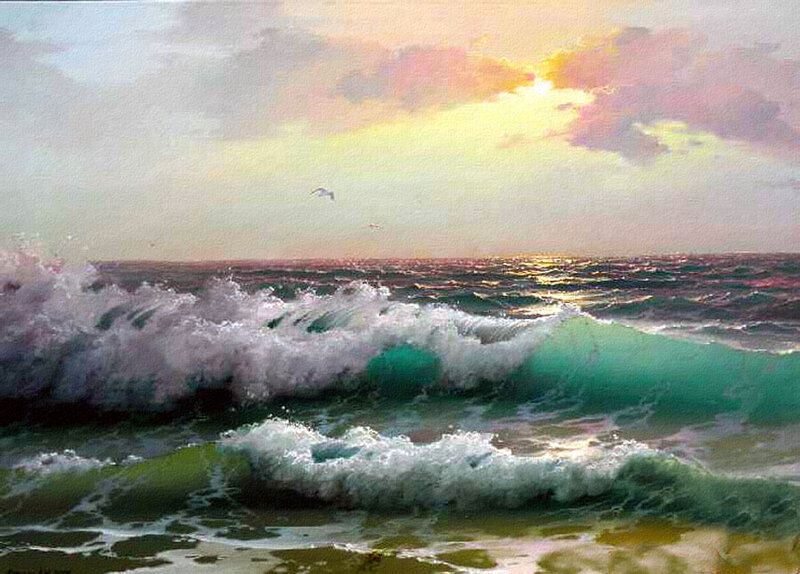 Ocean Waves at Sunset — Green, Dramatic, Painting