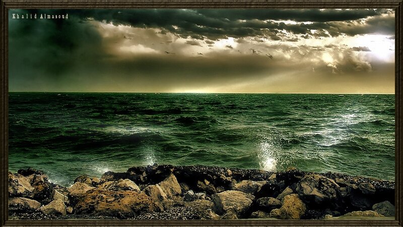 Ocean Waves at Sunset — Green, Dramatic, Photograph, Rocks