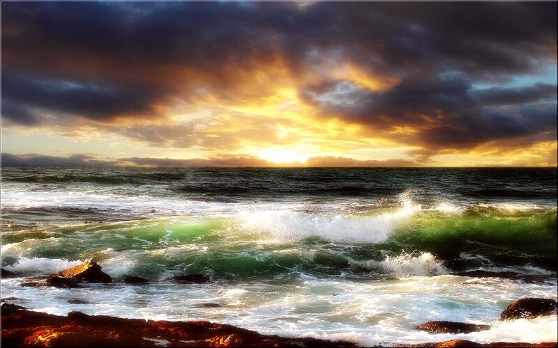 Ocean Waves at Sunset — Green, Dramatic, Photograph, Sea
