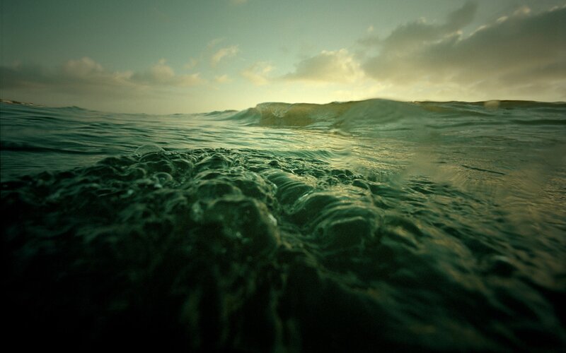 Ocean Waves at Sunset — Green, Serene, Photograph, Sky