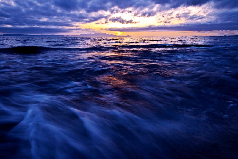 Ocean Waves at Sunset — Mountains