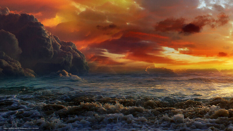 Ocean Waves at Sunset — Orange, Dramatic, Digital Art, Clouds, Sea