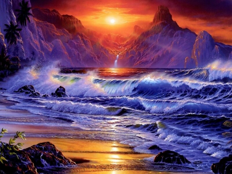 Ocean Waves at Sunset — Orange, Dramatic, Digital Art, Mountains, Palm Trees