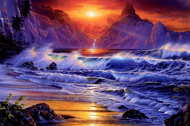 Ocean Waves at Sunset — Orange, Dramatic, Digital Art, Mountains